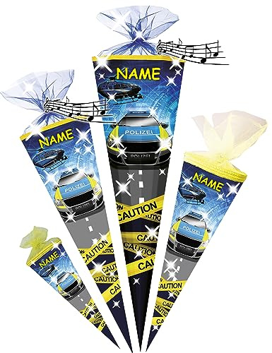 alles-meine.de GmbH Schultüte mit Sound Modul - Effekt ! Polizei Auto & Helikopter 35-85 cm Größe wählbar inkl. Name - Zuckertüte - Tüllabschluß/Filzabschluß - ecki..