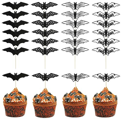 VIKY® 24 Stück Halloween Deko Cupcake Toppers Set, Fledermaus Cupcake Topper, Halloween Party Kuchen Deko, Cupcake Deko Food Picks Motto Partyzubehör