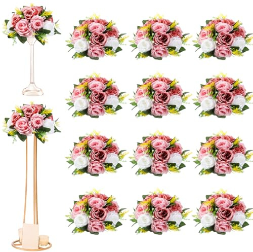 Hotop 12 Pcs Artificial Rose Flower Balls for Centerpieces, Silk Roses Kissing Balls Romantic Faux Floral Arrangements for Engagement Wedding Home Decor (Dusty Pink,Pink,White)