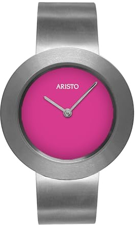 Aristo Titan Damenuhr Quarz-Armbanduhr - Silberfarbenes Titan Spangenarmband und Magentafarbenen Ziffernblatt mit Front aus Mineralglas - Made in Germany