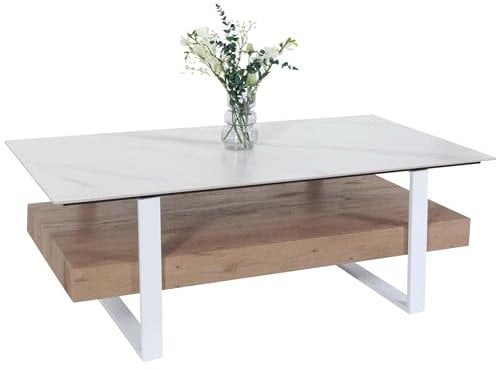 Mendler Couchtisch HWC-L88, Wohnzimmertisch Tisch, Ablage Eisen 43x120x60cm Sinterstein Marmor-Optik weiß Holz Natur