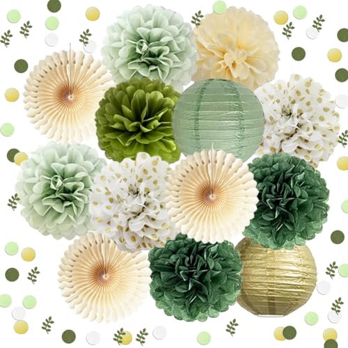 Party Deko Salbeigrün Tischdeko Geburtstag Olivgrün Seidenpapier Pom Poms Papierfächer Papierlaterne Grün Gold Konfetti für Mann Frau Mädchen Junge Geburtstag Babyparty Hochzeit Party Deko
