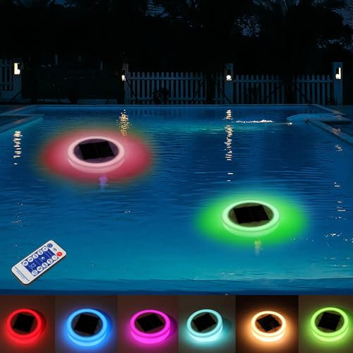 KUWUNG 2 Pcs Solar Schwimmende Poolbeleuchtung, Solar Pool Licht Unterwasser Pool Lichter mit Fernbedienung, poollicht mit Farbwechsel Wasserdicht Teichbeleuchtung Solarlampen für Pool Außen