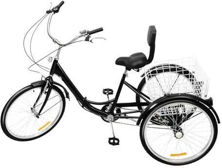 WooDerson 24 Zoll Schwarz Dreirad Fahrrad Erwachsene Aus Hochkohlenstoffstahl, 7 Gänge, vorderen und hinteren Bremsen, Dreirad Mit Korb, Unisex, fur Beton, Asphalt, Erde USM