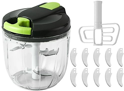 Picadora Manual, 900 ML Cortador de Verduras con 10 Cuchilla de Acero Inoxidable y 1 Licuadora, Picadora de Alimentos con Cuerda, Picadora de Cebolla, Ajo, Jengibre, Nueces, Hierbas, Frutas