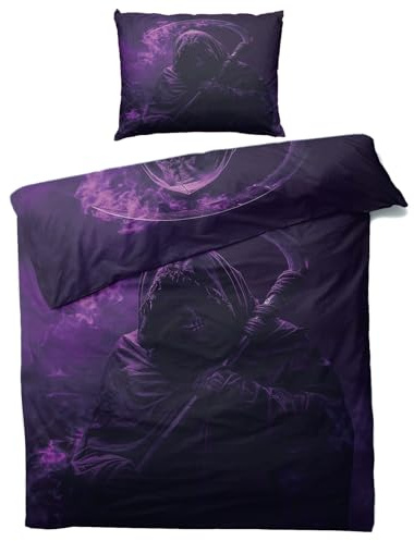 MOBEITI Totenkopf Bettwäsche 135x200, Lila Gothic Skelett Wendebettwäsche - Deko & Geschenke, Weiche Mikrofaser Bettbezug Set 2teilig, 1 Kissenbezug 80x80, mit Reißverschluss