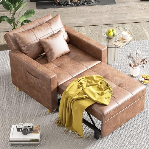 YODOLLA 3-in-1 Sleeper Chair Bed, Convertible Single Sofa for Small Room, Adjustable Armchair With Side Pocket, Saddle Brown