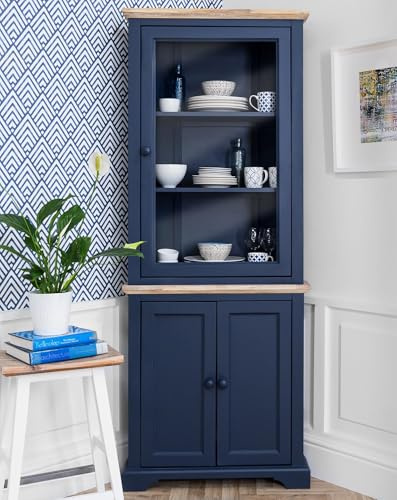 Florence Corner Display Cabinet, Navy Blue Glass Door Corner Dresser | W78cm, D35cm, H200cm | Assembled Kitchen Dining Living Room Furniture (navy blue)