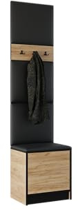 KIER FURNITURE Flurgarderobe Modern - Garderobenschrank mit Sitzbank, Haken und Schuhschrank - Flur Möbel Geräumig und Stilvoll - BxHxT 53,2x205x39cm - Craft Eiche + Schwarzes Öko-Leder