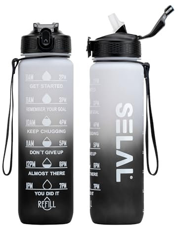 Trinkflasche, Sport Trinkflasche, [BPA-frei Tritan] 1L Auslaufsicher Sport Wasserflasche, Sportflasche für Fahrrad, Camping, Yoga, Gym (1 Flasche) (Weiß-Schwarz)