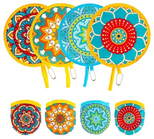 ALNKDH 4 Pcs Mandala Pattern Hand Fan,Chinese Japanese Style Foldable Fan,Multi-Role Round Handheld Fans, Beautiful Patterns For Wedding Party Home Decor Personal Decoration (4Pcs Mandala)