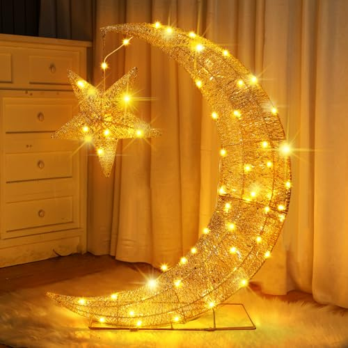 31 x 23 Zoll Ramadan Mond Stern Nachtlicht Eisen Ramadan String Mond Licht Eid Mubarak Tischlampe Groß Shining Moon Light Dekoration Mond Stern LED Lichterkette Schlafzimmer Dekorationen für Zuhause