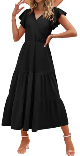 Zeagoo Sommerkleid Damen Lang V Ausschnitt Maxikleid Elegant Rüschenärmel Midikleider Casual A Linie Tunika Kleider Freizeitkleid Schwarz XL