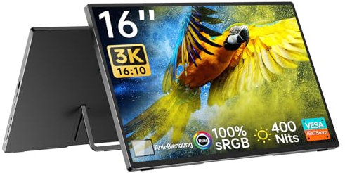 Intehill 3K Tragbarer Monitor für Laptop, Tragbarer Monitor 16 Zoll, Entspiegelter Bildschirm, 3072x1920, 16:10, 100% sRGB, Verstellbarer Ständer, VESA-kompatibel, USB-C & HDMI für Laptop (U16ZA)