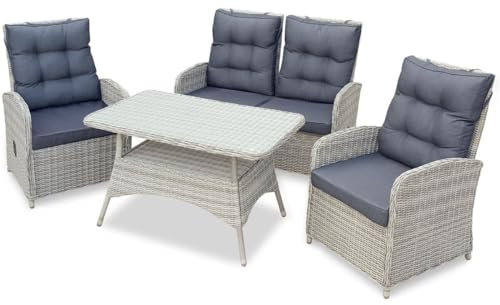 Green Spirit - Garten Sitzgruppe Monte Carlo - Grau, Polyrattan, für 4 Personen, Sicherheitsglas, Wetterfest, Gartenmöbel-Set 4 teilig mit Bank, Tisch, 2 Sessel - Dininglounge-Set, Garten-Essgruppe