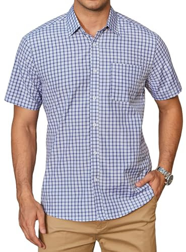 HISDERN Mens Checked Shirt Short Sleeve Blue Plaid Shirts for Mens Summer Casual Formal Business Button Down Gingham Checkered Work Regular Fit with Pocket XL