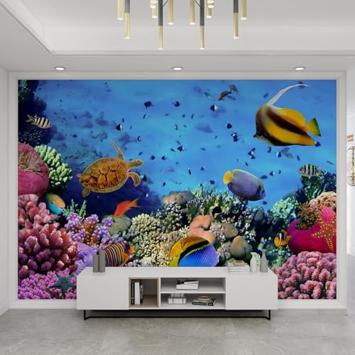 YEMYOR Underwater Animal Wallpaper, Seaweed Starfish Mural, Small Fish and Turtle Mural, Seamless Splicing, for Living Room Bedroom-200x140cm