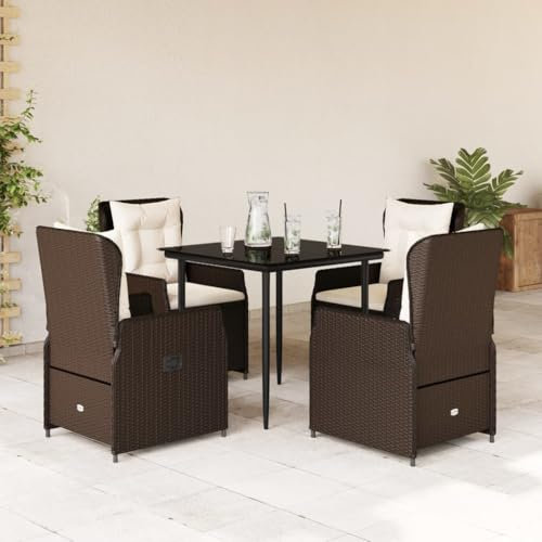 Verderoom Gartenmöbel Set 4 Verstellbare Hochlehner Stühlen mit Tisch Garten Sitzgruppe 4 Personen Rattan 4 Personen Polyrattan Gartenmöbel Set mit Kissen-Braun-5-tlg