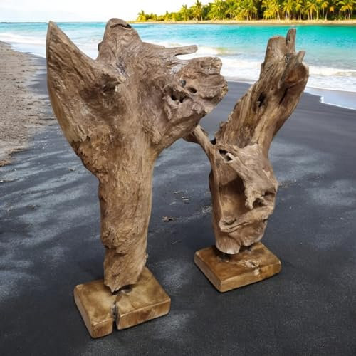 Kinaree Teak Wurzelholz Skulptur 70–90 cm – Handgefertigte Deko aus Massivholz auf Holzsockel, natürliche Wurzel-Skulptur aus Indonesien – Unikat für Wohnzimmer & Flur