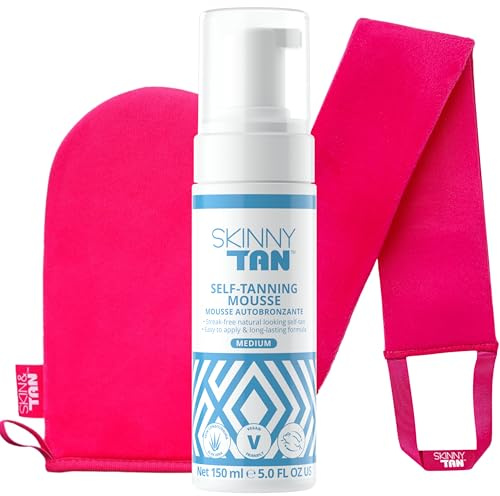 Skinny Tan Gradual Tanning Mousse – Medium Self Tan Mousse for a Natural Glow – Lightweight Easy to Apply Streak-Free, Even Finish 150 ml + Mitt + Back Applicator Bundle.