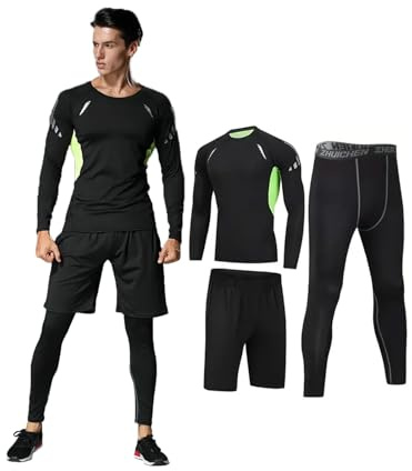 3 PCS Men's Compression Set - Workout Long Sleeve Top & Pants with running Shorts | Moisture-Wicking Gym Bundle (Green/Black/Grey, S)