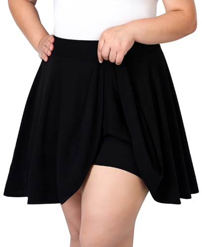 LEACOOLKEY Taglie Forti Gonna Skater Donna Corta Minigonna Tennis, Vita Alta A Line Elastica con Pieghe e Shorts Integrato,A-Nero,XL (Taglie Forti)