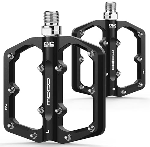 MoKo Mountain Bike & MTB Flat Pedals, Lightweight CNC Machined Aluminum Bicycle Pedals with 24 Replaceable Steel Pins & 3 Sealed Bearings, 9/16 Fits Road/City/BMX/E-Bike