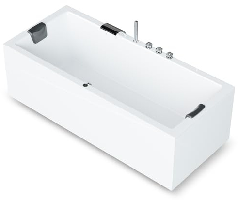 AQUADE Acryl Badewanne 180x80 cm Modell: ULM Badewanne Komplettset | mit Wannenfüßen + Schürze + Ab-Überlauf-Garnitur + Wannenrandarmatur + Nackenkissen + LED/Konfigurieren Sie Ihre Wanne