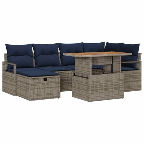 vidaXL Gartensofa-Set mit Kissen mit Speicher 7 pcs Grau Poly-Rattan, Garten- und Terrassen-Sofa, modernes modulares Set, wetterfest, UV-beständig, bequem zum Entspannen