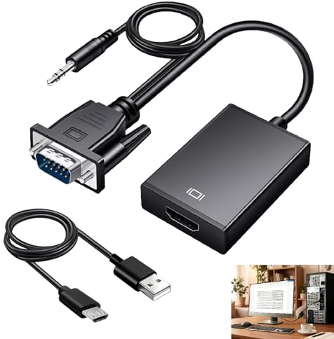 Adaptador VGA a HDMI Full HD 1080p con cable de audio de 3,5 mm, convertidor unidireccional VGA macho a HDMI hembra, para PC, ordenador portátil, proyector, TV, cable de audio de 3,5 mm y USB incluido