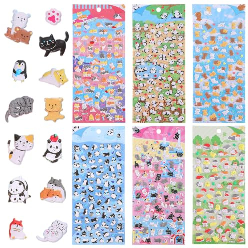 Sibba 3D Mini Puffy Sticker, 6 Blatt Kawaii Tiere Aufkleber mit Süße Cartoon Katzen Panda Bär Pinguine Maus, Lustige Lebensmittel Aufkleber für Handyhüllen Tagebuch Laptop Wasserflasche DIY