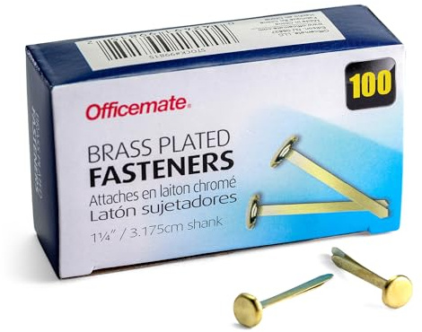 OfficemateOIC Brass Plated Fasteners, 1.25-Inch Length, 0.375-Inch Head, 100 per Box (99815)