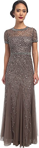 Adrianna Papell Kurzärmeliges Damenkleid aus Netzstoff mit Perlen, Lead, 40