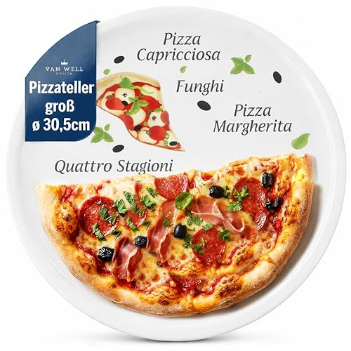 Van Well italienischer Pizzateller groß ø 30,5cm Margherita – Porzellan XL Teller für Pizza & Pasta– Mikrowellen geeignet, spülmaschinenfest, stapelbar – Gastronomie- und zu Hause Geschirr