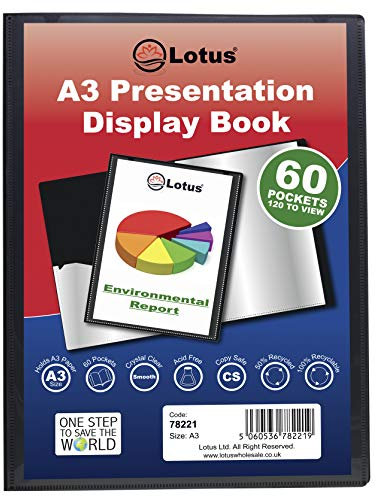 Lotus Folio-78221 Lot de 2 porte-vues A3 à 60 pochettes – Dossier professionnel pour entreprise, étudiants, projets – Idéal pour l'école, l'université, le bureau – Noir