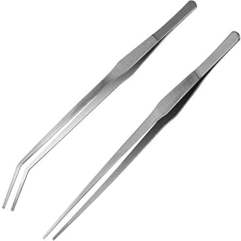 Aquarium Pinzette Lange, 2 Stücke 38cm Edelstahl Gerade Pinzette und Gebogene Spitze Pinzette für Wasserpflanze Zange Pflanzenpinzette Gartenarbeiten Silber