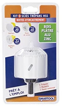 Kit 3 scies trépans HSS Ø40-54-65mm Boite encastrement BOIS PLATRE ALU ZINC SMARTOOL