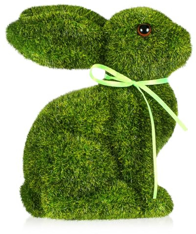 jojofuny Flocked Easter Bunny Ornament: 15.5cm Green Moss Rabbit Figurine - Soft Furry Spring Decoration for Tabletop, Garden & Easter Egg Hunt Party - Cute Festive Bunny Photo Prop