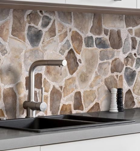 MyMaxxi Küchenrückwand Folie selbstklebend matt - einfache Montage ohne Bohren 0,4mm stark Versteift - Motiv Mauer 04-60cm hoch - Spritzschutz Küche Klebefolie - Stein Ziegel 340 x 60cm