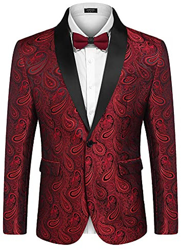 Coofandy Mens Floral Tuxedo Jacket Paisley Shawl Lapel Suit Blazer Jacket for Dinner,Prom,Wedding, Red, L