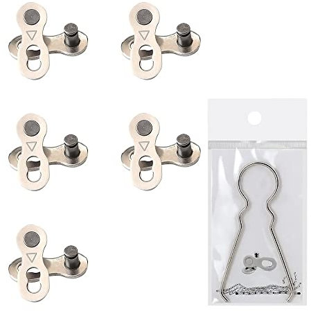Lahviuu Bicycle Missing Link, 5 Pairs Mountain & Road Bike Chain Reusable Silver Steel Single Speed Chain Split Quick Release Links, 6/7/8 Speed, With Removal Tool