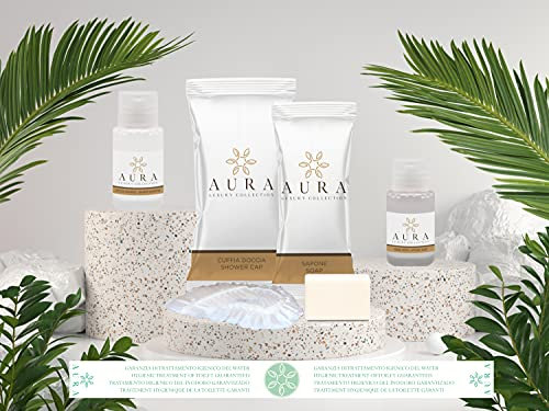 Aura Luxury Collection Kit cortesia bagno da 445 pezzi: 140 Flaconi doccia shampoo da 20 ml, 140 flaconi igiene intima da 20 ml, 80 cuffie monouso, 85 saponette da 9 gr e 500 Fasce Garanzia in Omaggio