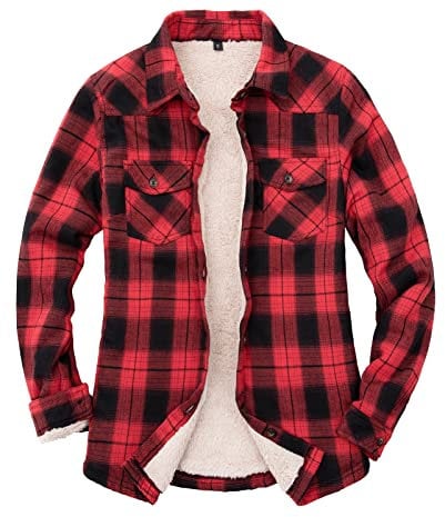 ZENTHACE Damen-Flanell-Hemdjacke,mit Fleece gefüttert,Knopfleiste Rot/Schwarz XL