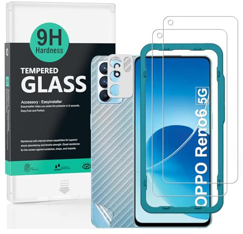 Ibywind Verre Trempé de Protection pour OPPO Reno6 5G, [Paquet de 2] avec Métal Protecteur D'écran de Caméra,Protection arrière Effet Fibre de Carbone,avec Une kit d'installation Facile