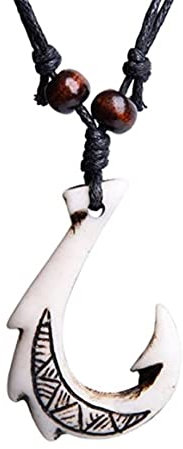 H&Z Hawaiian Fish Hook Pendant Hemp Cord Adjustable Chain - Maori Tribal Necklace, Zinc Alloy, No Gemstone,