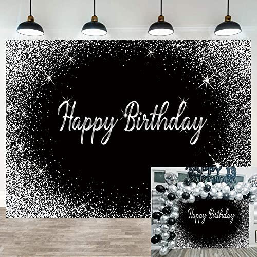 Toile de Fond Noire « Happy Birthday » à Pois argentés pour Photographie,décoration de fête d'anniversaire,bannière de gâteau,Table de Dessert 2,1 x 1,5 m