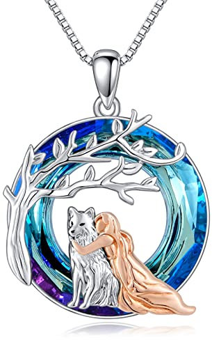 ROMANTICWORK Wolf Kette Sterling Silber Wolf und Mädchen Anhänger Halskette Wolf Schmuck Geschenke für Damen Mädchen