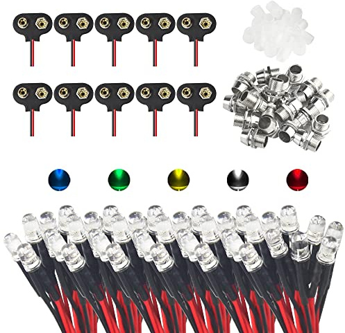 BGTXINGI 70Pcs 12V DC 5mm vorverdrahtetes LED-Licht emittierende Dioden 7.1Inch gemischte Farbe (7 Farben x 10pcs)  + 20pcs 5mm LED Lampenhalter+10 PCS 9V Batterie Clip Stecker