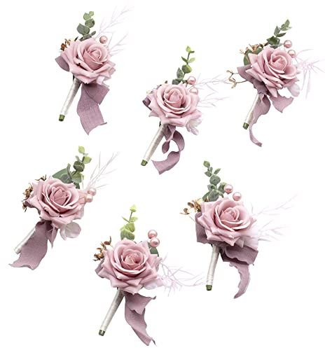 Ansofi Ansteckblume für Herren, 6 Stück, für Bräutigam, Trauzeugen, Trauzeugen, künstliche Blumen, Boutonniere für Hochzeitszeremonie, Jahrestag, formelle Dinner-Party, Herbst, Vintage, rustikal,