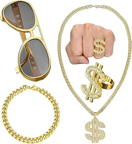NAMIC 4 Stücke Dollar Kette Set, 70er 80er 90er Jahre Kostüm Herren, Zuhälter Kostüm, Dollar Zeichen, Goldarmband, Rapper Zubehör, für Cosplay Halloween Fasching Karneval Thema Party